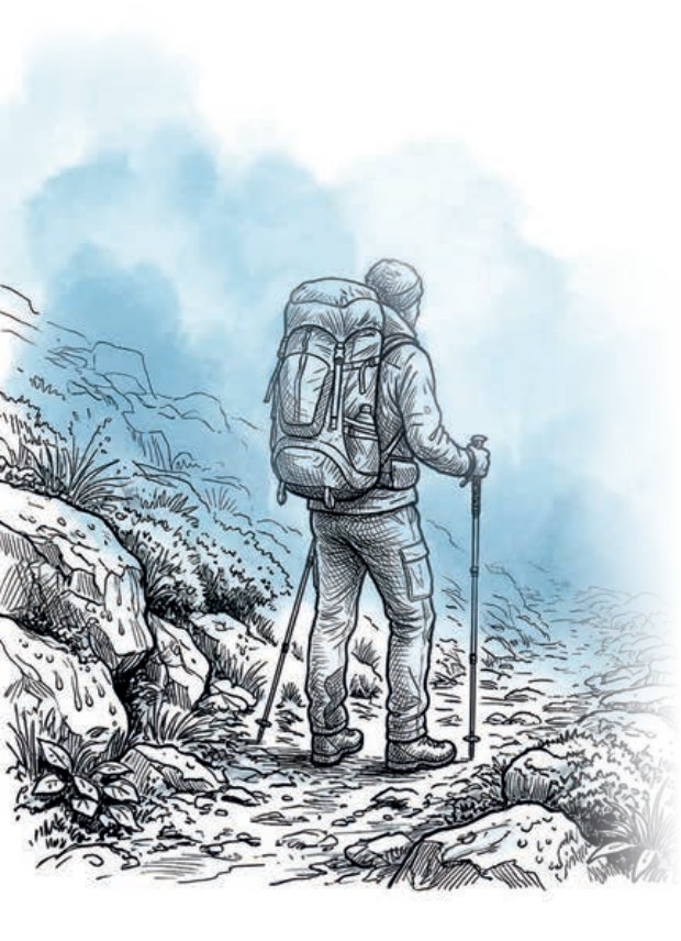 Ilustración de un senderista contemplando la niebla en la montaña, del interior del libro